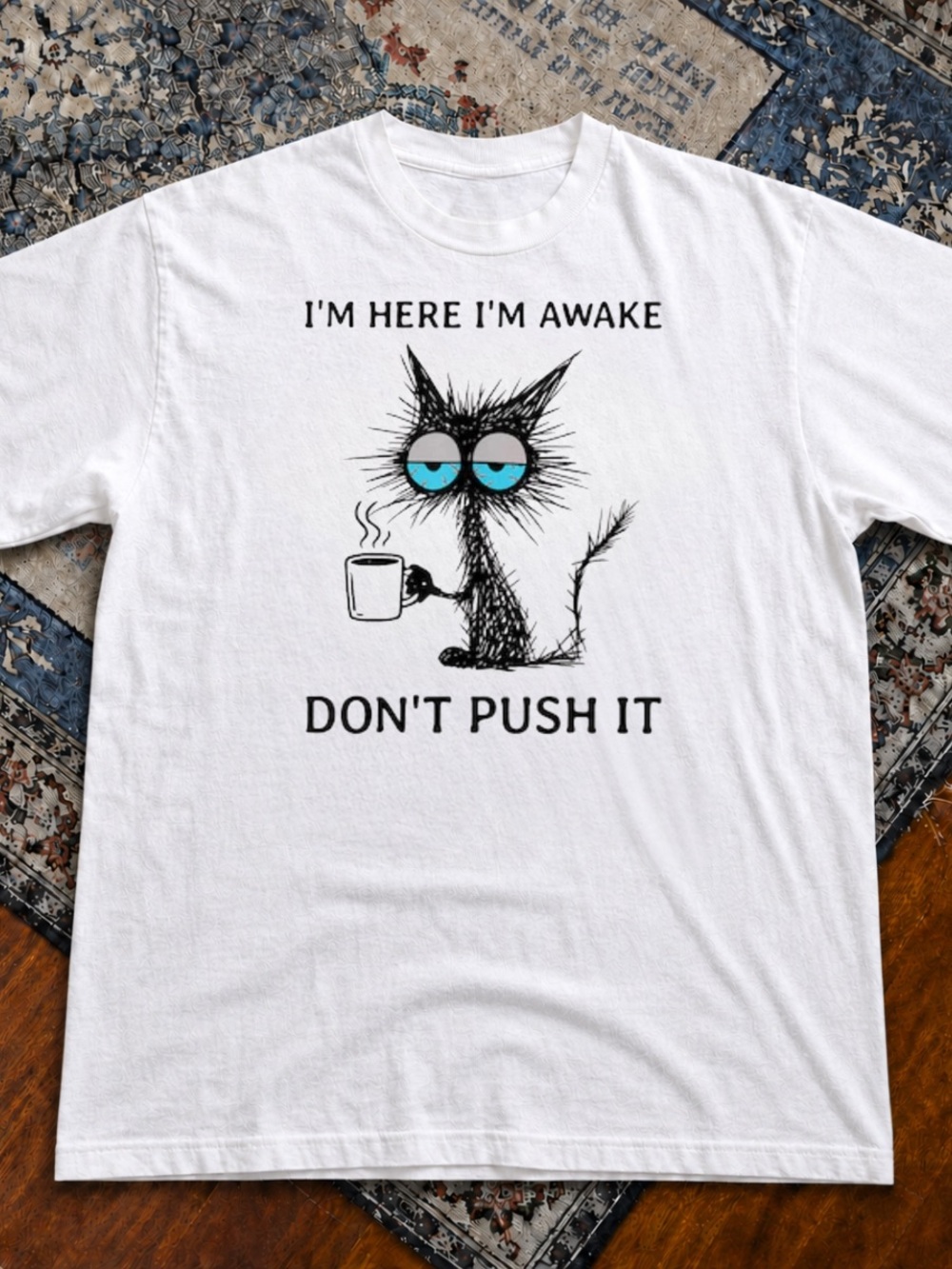 Gildan White Tee with Black Grumpy Cat and Blue Eyes